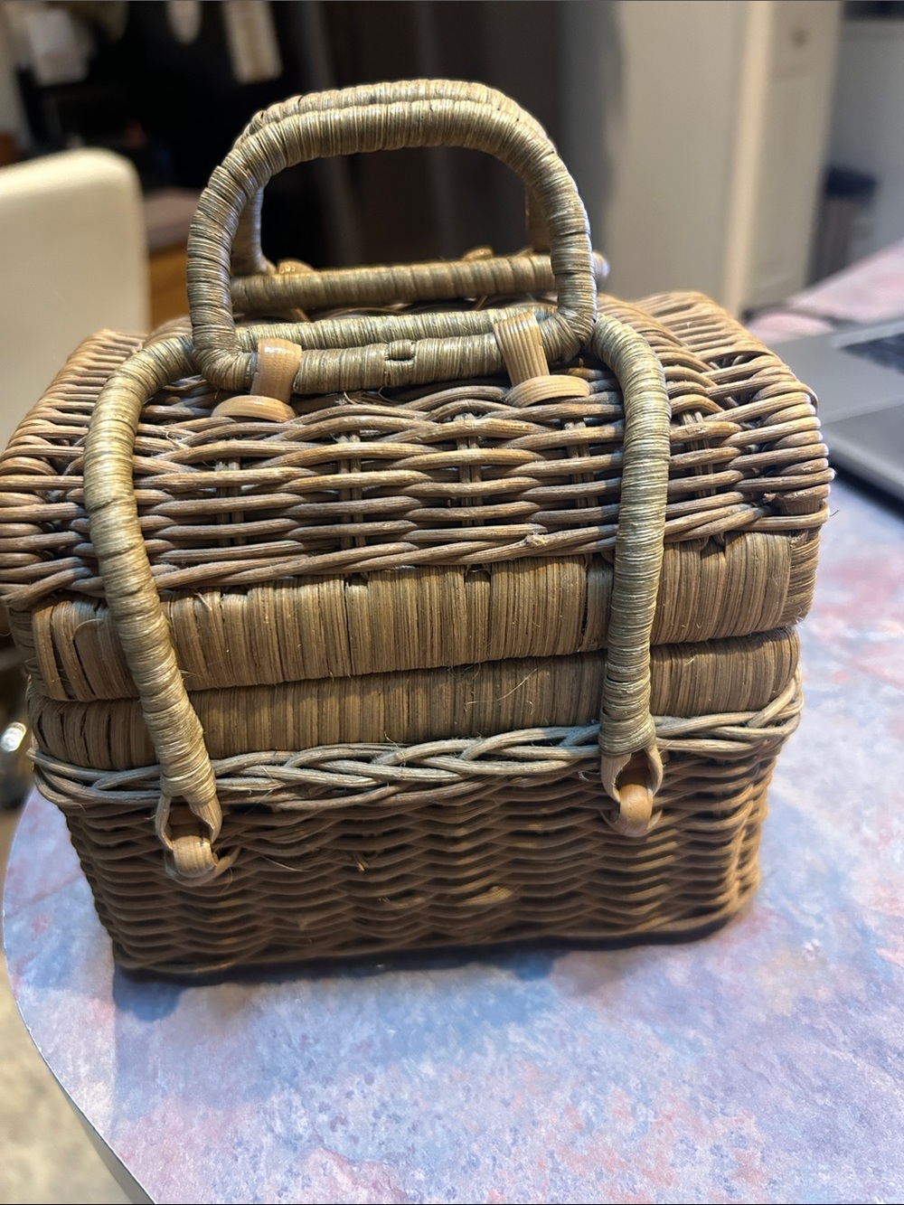 50s Individual Picnic Basket Wicker Hinged Cottagecore